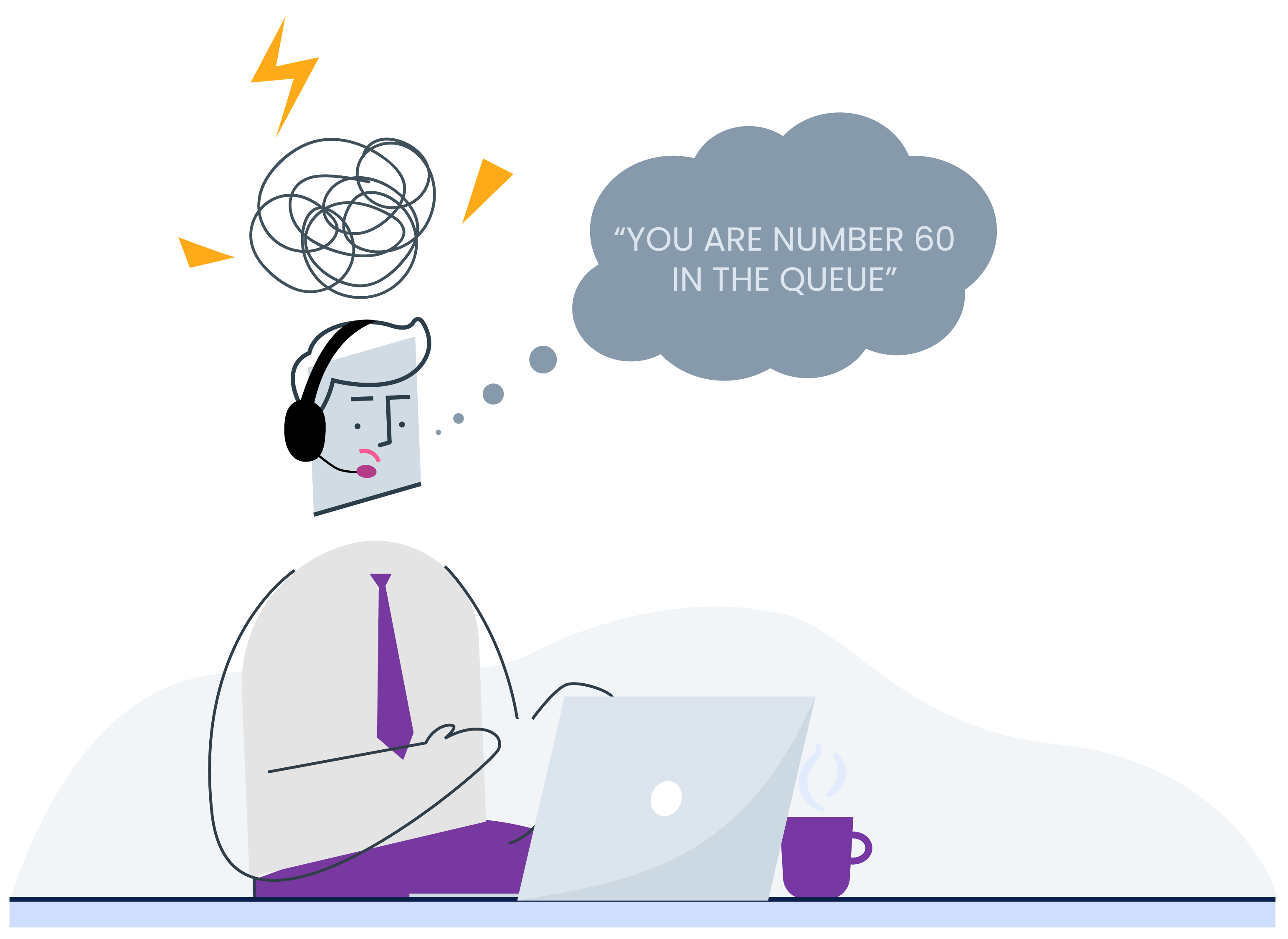 An image that shows a disgruntled customer on hold.